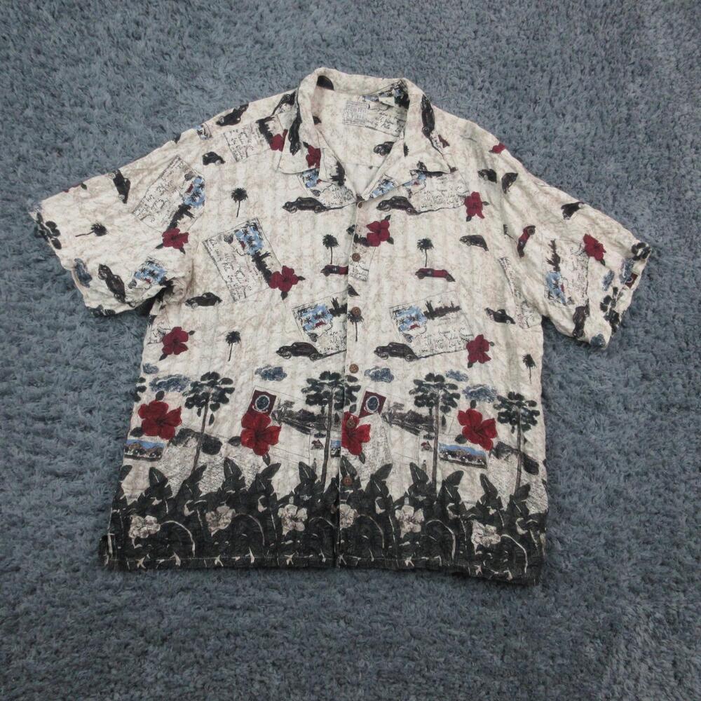 Roundtree & Yorke Hawaiian Shirt Mens XL Silk Beige Red Aloha Hibiscus Tropical